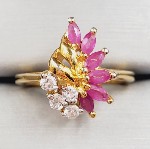 Genuine Marquise Pink Ruby - Simulated Diamonds - 18k Yellow Gold Plated Ring